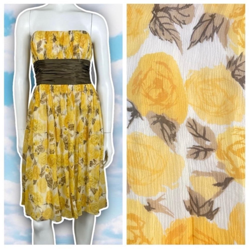 💙 MAGGY LONDON Silk Floral Rose Print Strapless Midi Dress Y2k Prairie Twee
